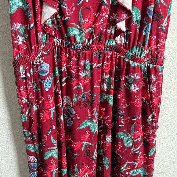 Garnet Hill Dulce Knit Maxi Dress Women's L Red Fantasy Floral Ruffle Stretch - Picture 4 of 7